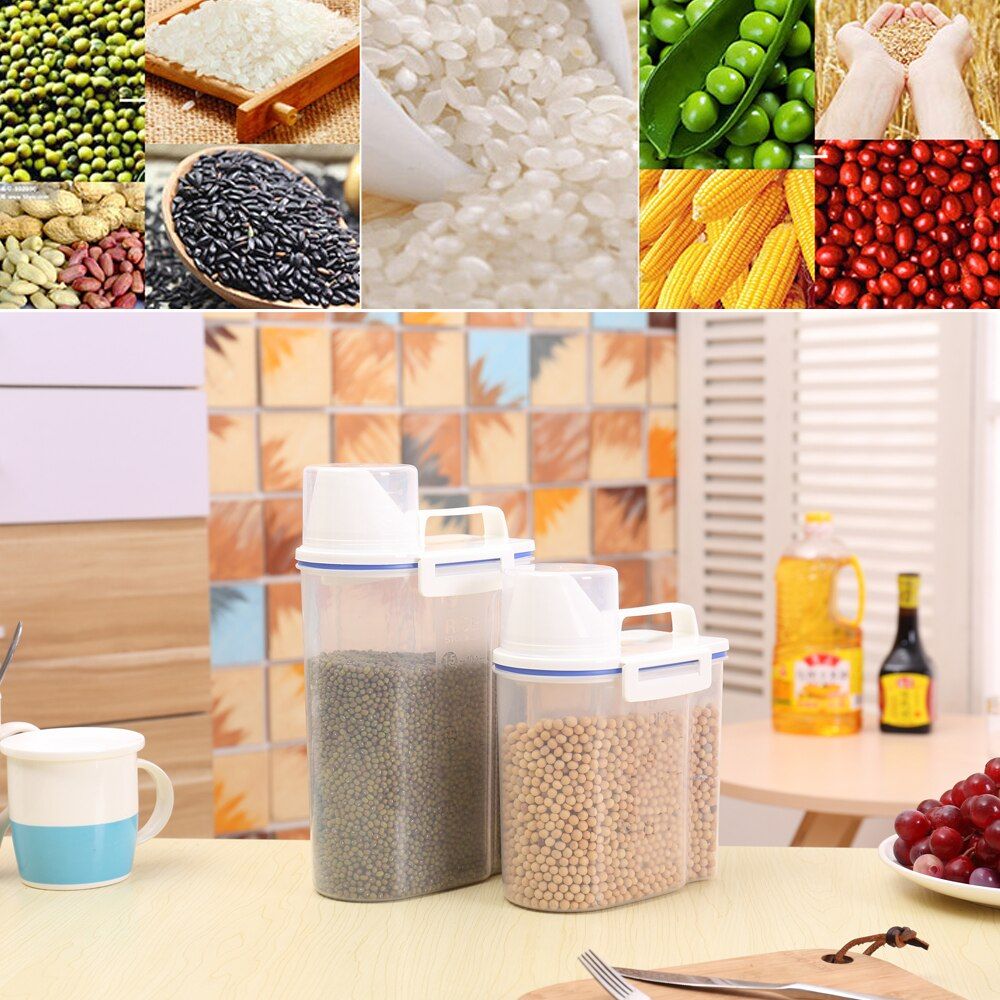 1.5/2L Plastic Rice Storage Bin Sealed Food Grain Cereal Flour Storage Box Container with Measuring Cup Kitchen Accessories