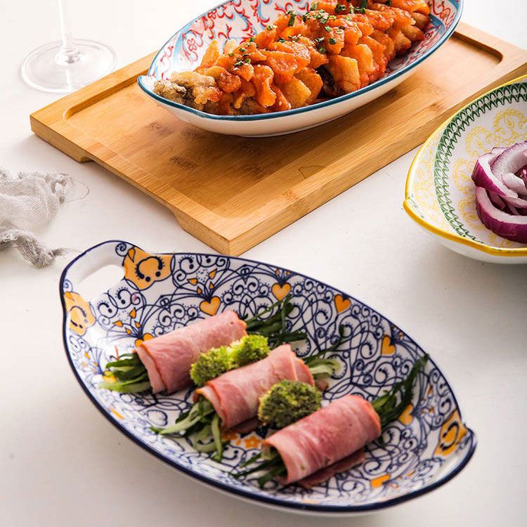 Oval Ceramic Plate With Double Non-Slip Hollow Ear Handles, 10.8 Inch Beautiful Large Deep Dinner Pan, Ceramic Baking Dish Oven