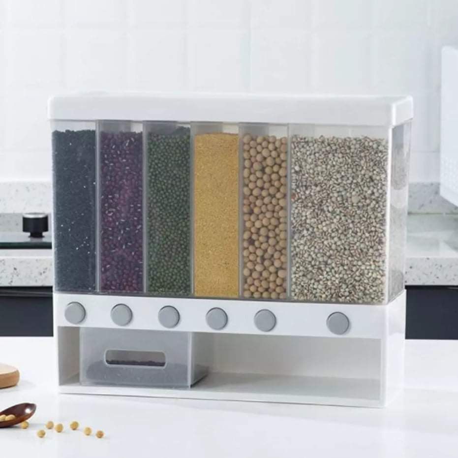 10KG Wall Mounted Divided Rice and Cereal Dispenser 6 Moisture Proof Plastic Automatic Racks Sealed Food Storage Box