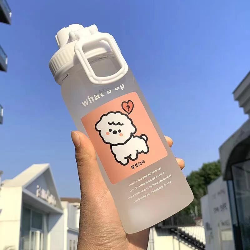 Cute water cup cartoon printing straw cup lid transparent girls student kids sports outdoor handle large capacity water bottle