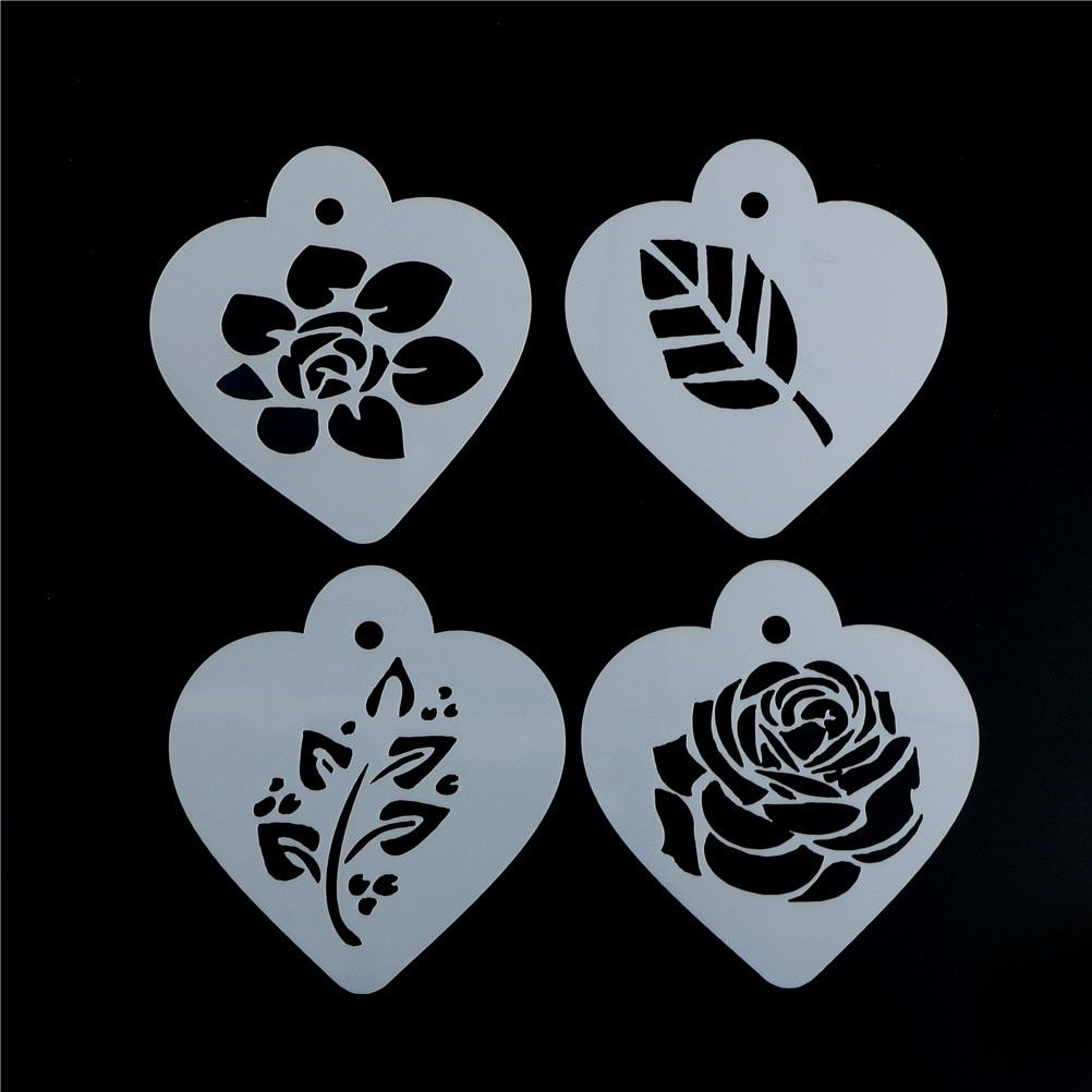 4PCS Coffee Cupcake Cookie Stencils Cake Template Mold Baking Tools For Cakes Rose Flower Leaf Cake Stencil Wedding Decoration