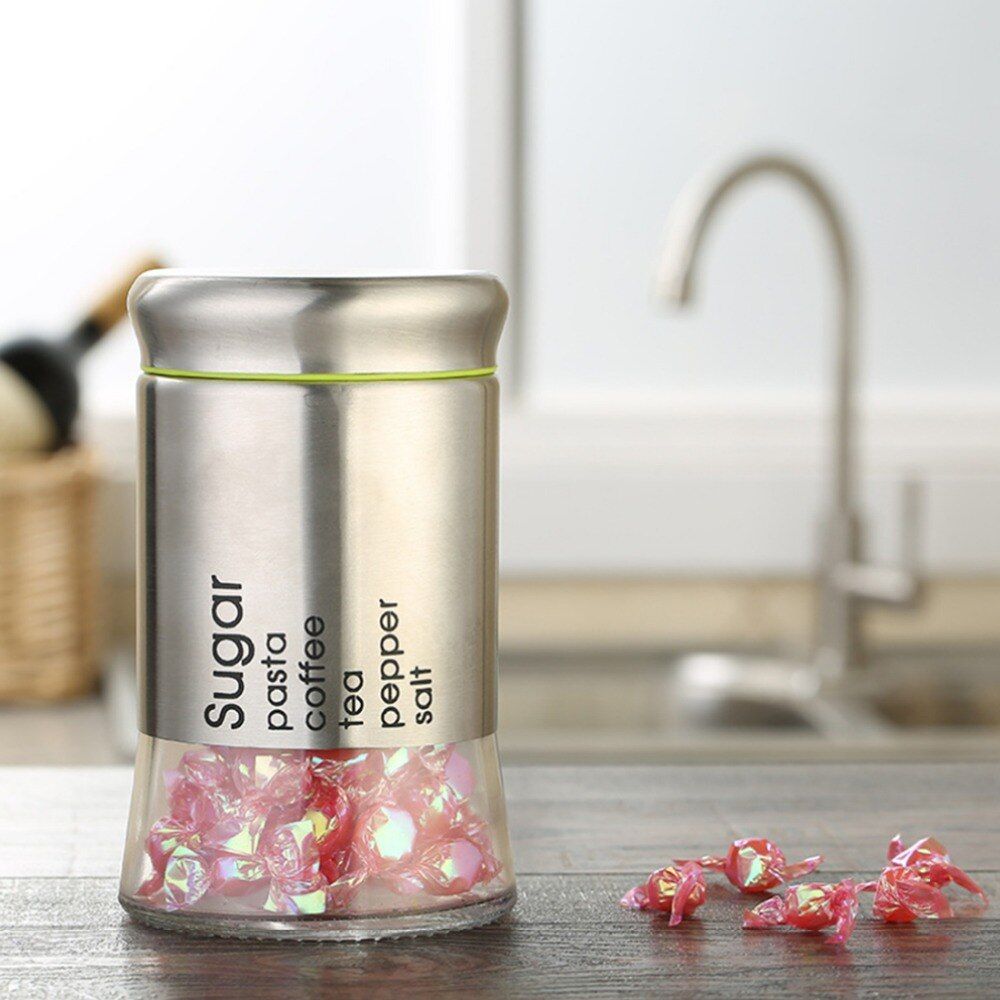 1 Pcs Glass Storage Container Jars with Steel Plated at the Outer Layer with Lid (Steel),Sugar Jar, Salt Jar,Vinegar Tea Pepper Oil Spice Jar Or Pot,CD:80.