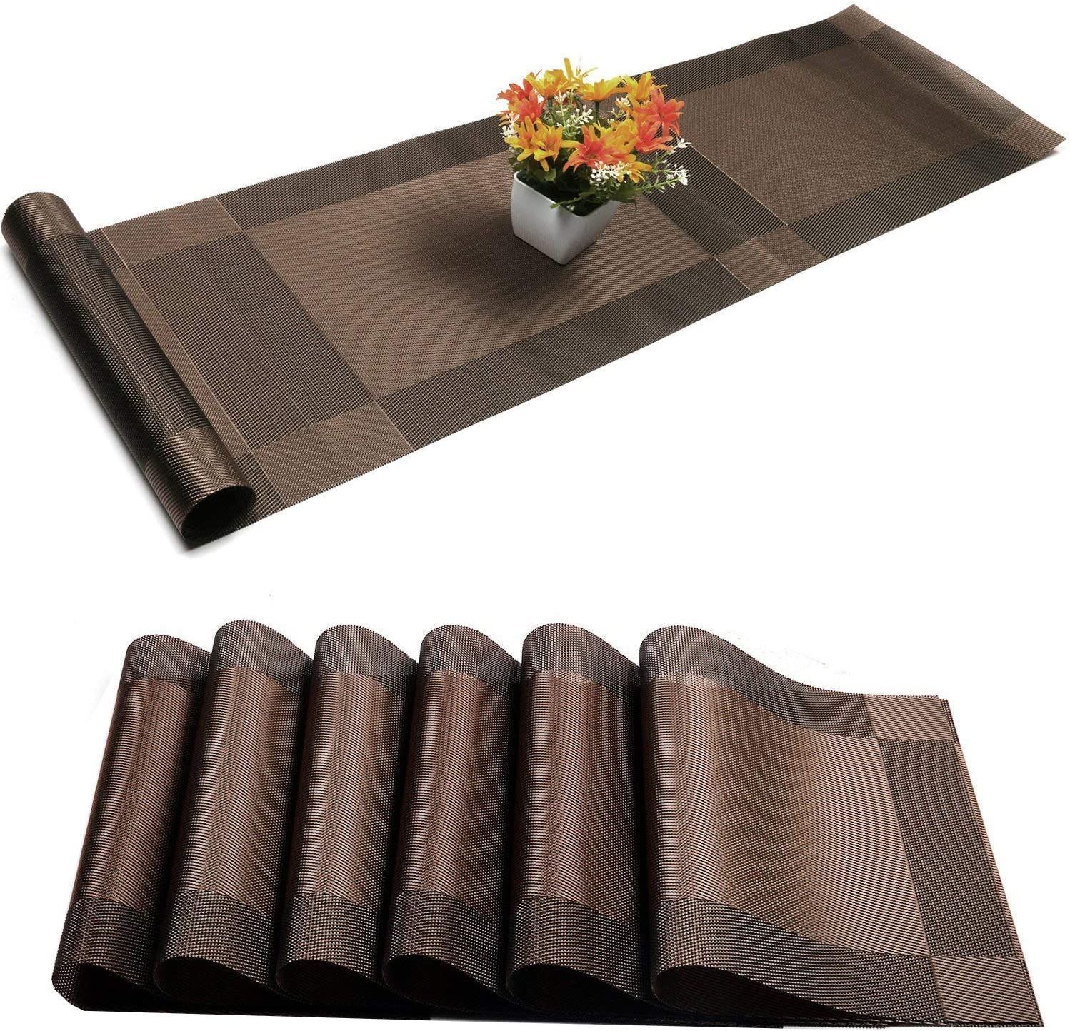 (8 Mats + 1 Runner) Table Mats Set of 8 Mats and 1 Runner PVC Rectangular Vintage Woven Washable Mats
