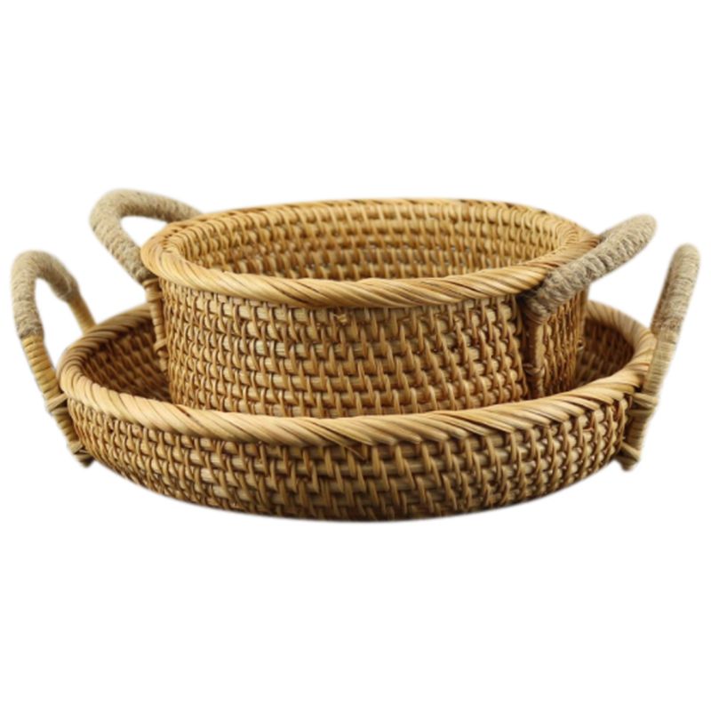 Hand-Woven Basket Home Snacks Candy Fruit Storage Basket Rattan Woven Round Binaural Tray, 2PCS