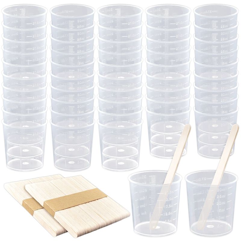 50 Pack 30Ml Plastic Graduated Cups Transparent Scale Cups Clear Epoxy Mixing Cups with 100 Pack Wooden Stirring Sticks