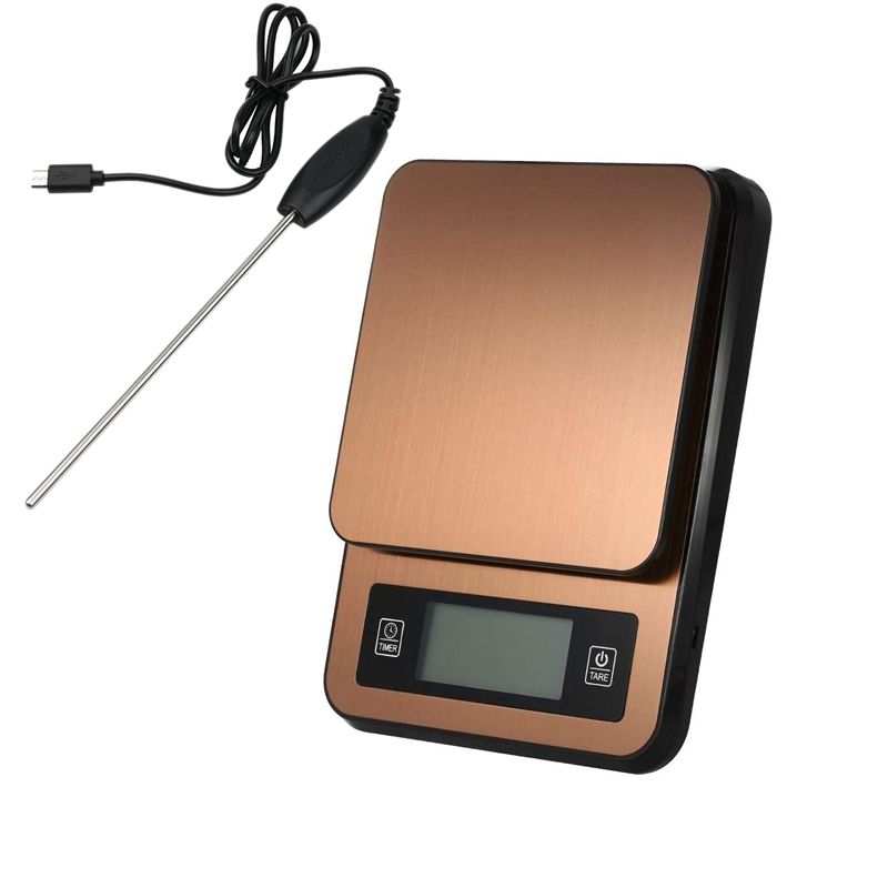 Digital Coffee Scale with Timer Temperature Probe Needle Lcd Display, Multifunctional Kitchen Food Scale 3000G/1G Gold