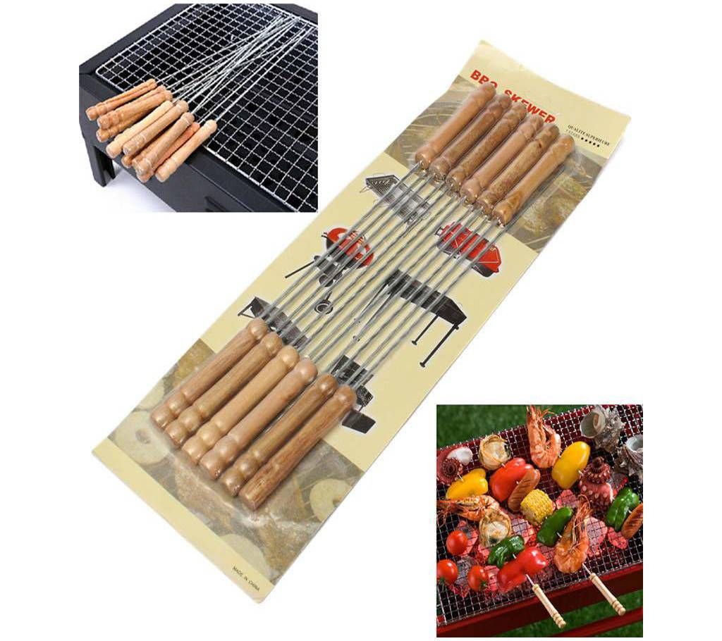 12 pcs stainless steel barbecue grilling kebab square wood handle skewer barbecue stacks for BBQ and cooking