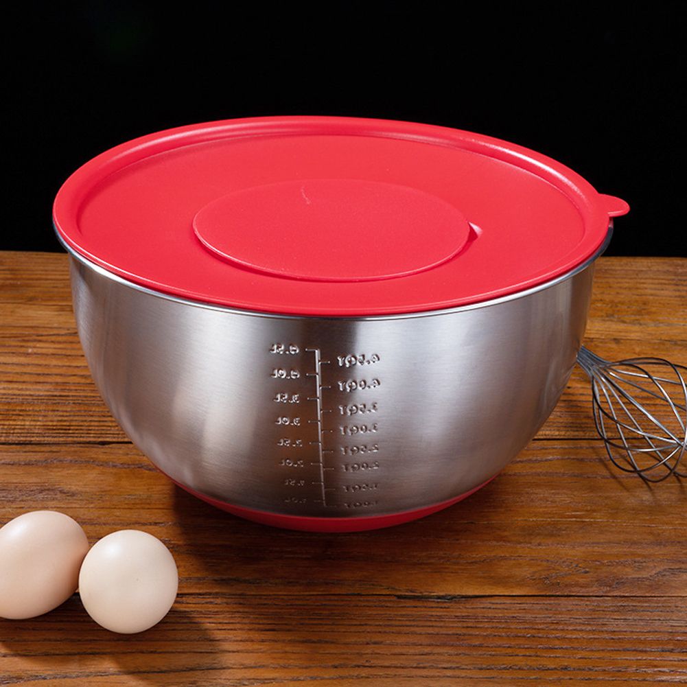 Yfashion Stainless Steel xing Bowl with Scale + Lid Set Non Slip Silicone Base Bowl for Beat Eggs Diameter:Inner diameter 20cm