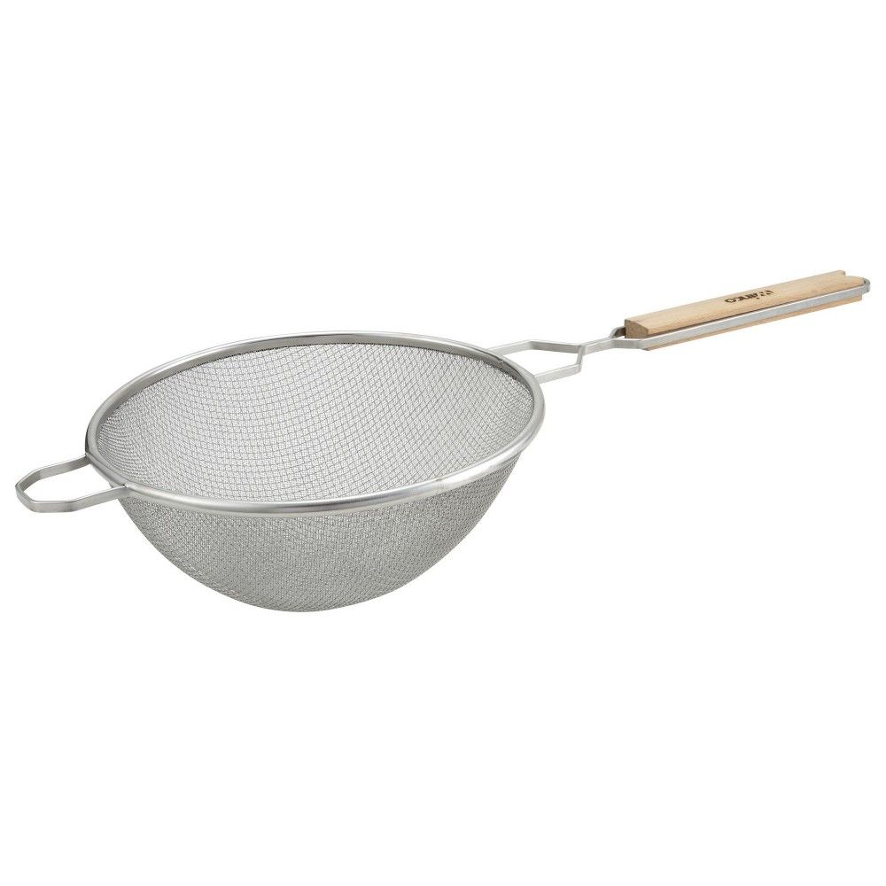 Winco MS2K-10D Double Fine Mesh Strainer with Flat Wooden Handle 10-1/2"