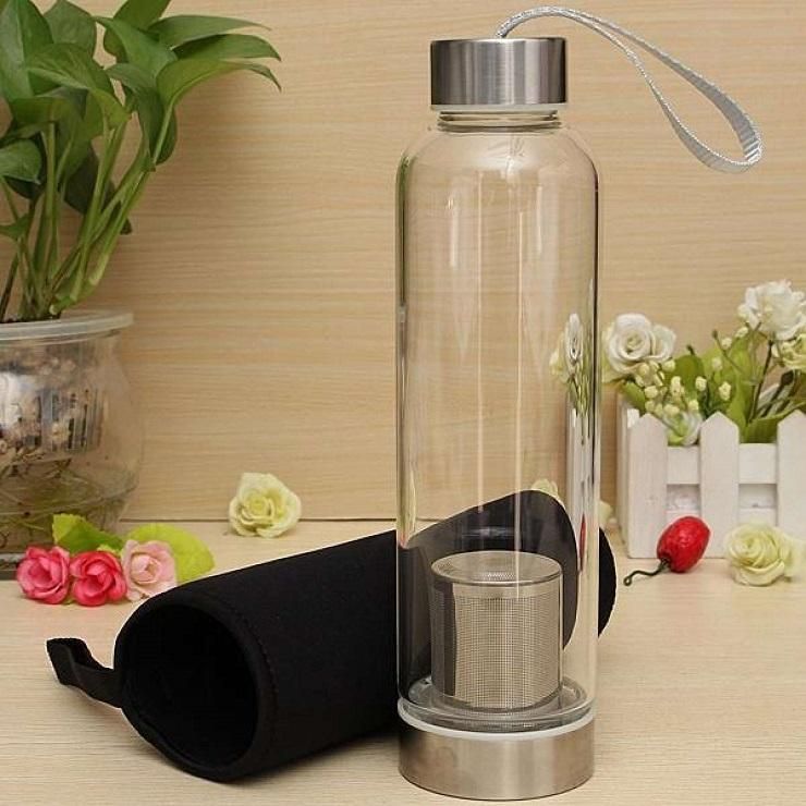BPA Free Glass Sport Water Bottle with Tea Filter Infuser Protective Bag 550ml