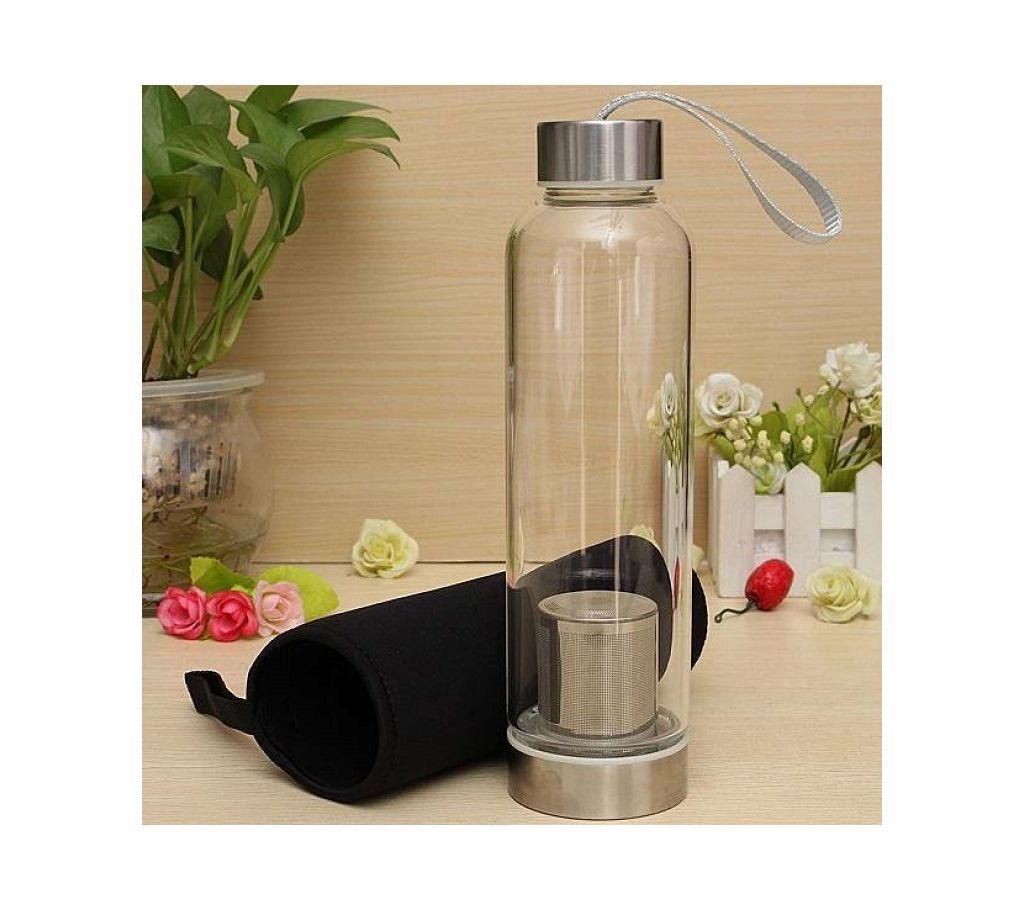 BPA Free Glass Sport Water Bottle with Tea Filter Infuser Protective Bag 550ml