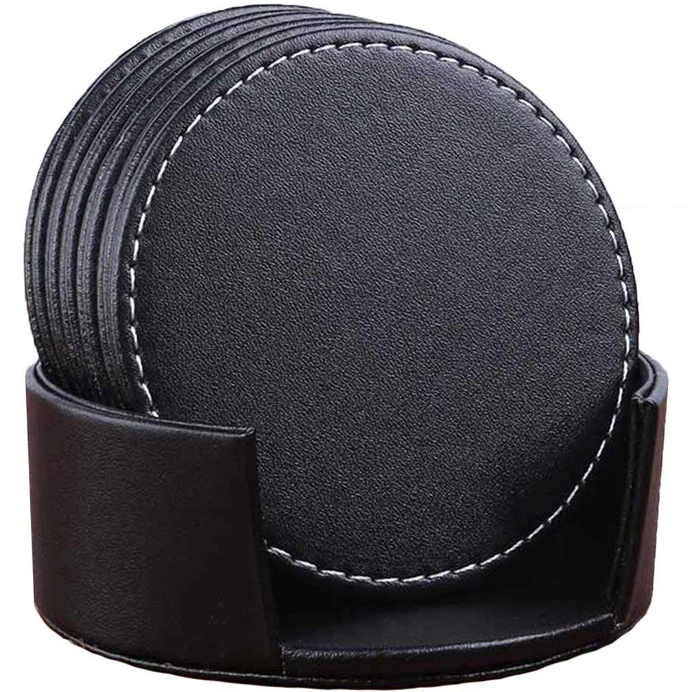 Set of 6 Leather Drink Coasters Round Cup Mat Pad for Home and Kitchen Use Black - Black