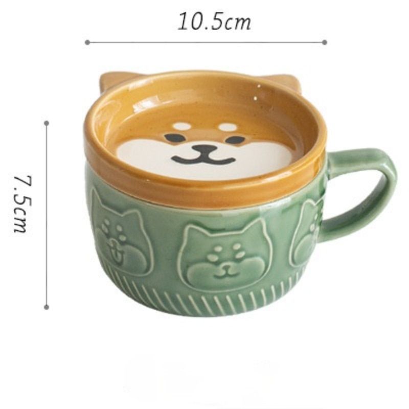 Jnese Cute Mug Creative Ceramic Shiba Inu Panda Coffee Cup with Lid Home Couple Milk Breakfast Cup Water Cup