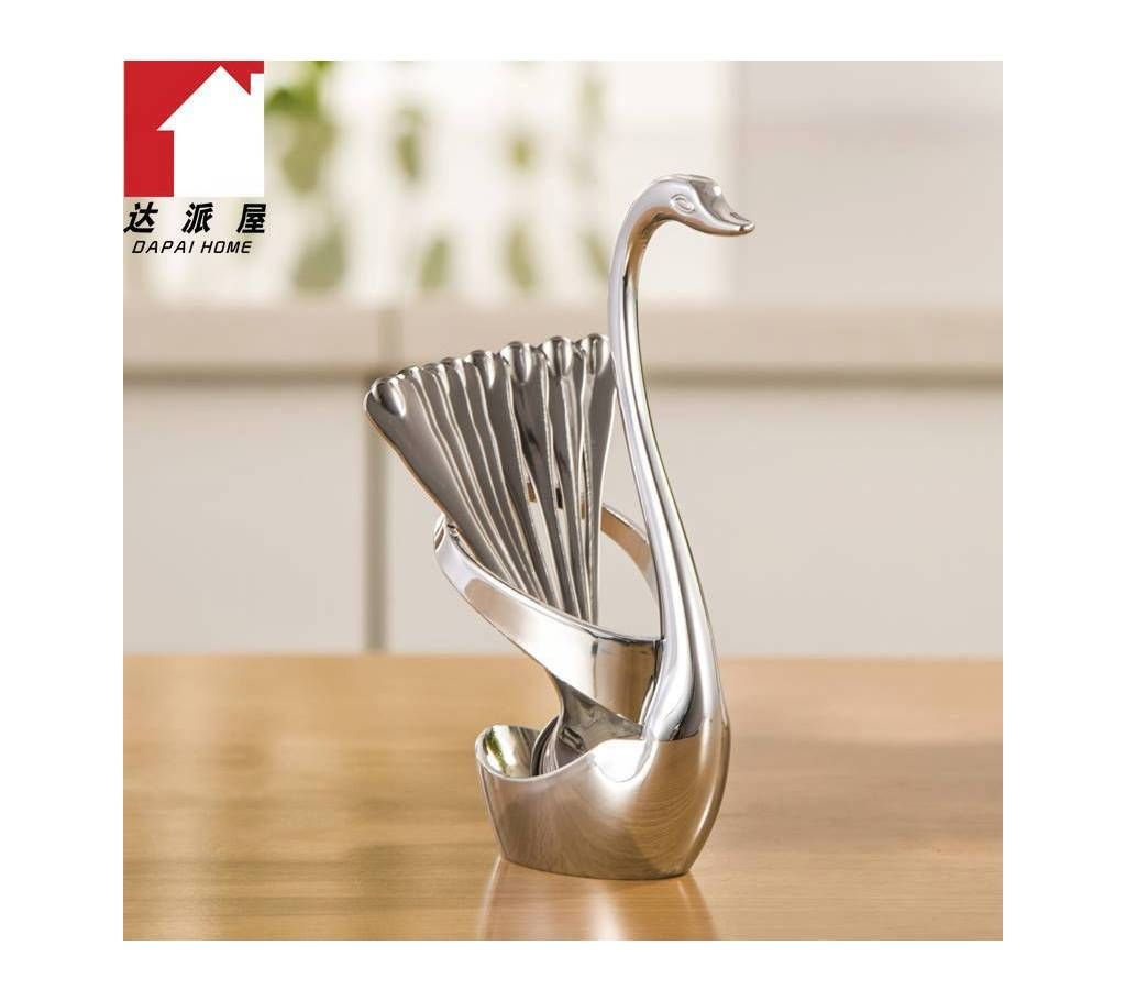 Silver Plated Spoon Set with Swan Stand - Silver