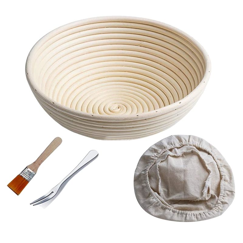 10inch Round Banneton Brotform for Bread & Dough Proofing Rising Rattan Bowl(1000G Dough),Inclde Bread Fork Liner Brush