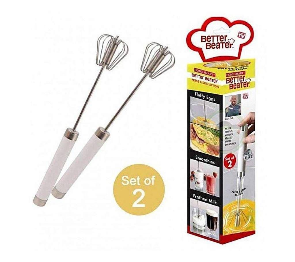Press & Spin Action Better Egg Beater - Set of 2- Silver
