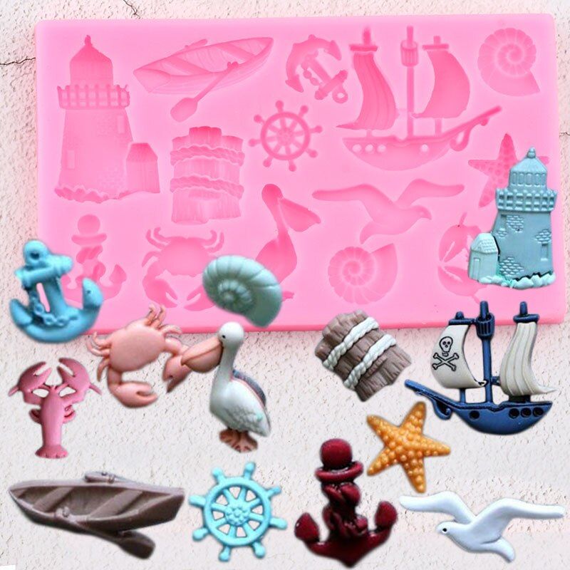 Sea Animals Silicone Molds Sailboat Anchor Fondant Baby Birthday Cake Decorating Tools Candy Fimo Clay Chocolate Gumpaste Moulds