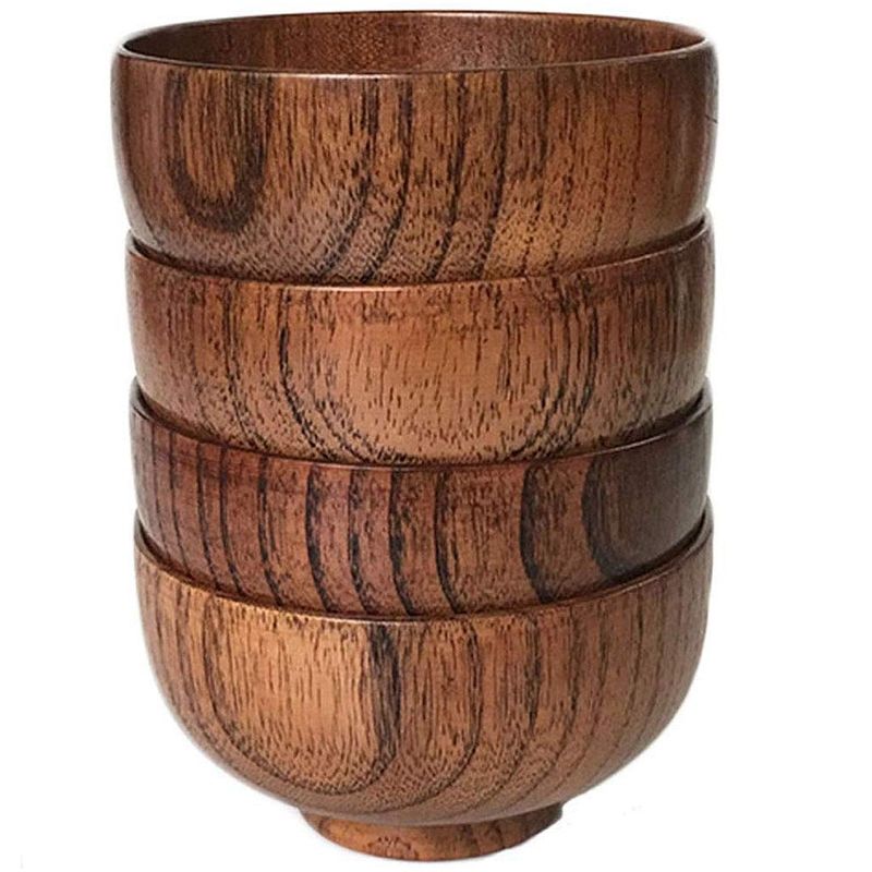 Jujube Japanese-Style Wooden Bowl Wooden Rice Bowl Noodle Bowl Solid Wood Bowl, Diameter 4.5 Inches By 2-5 / 8 Inches, for Rice, Soup, Dipping, Decoration (Medium) 4 Packs