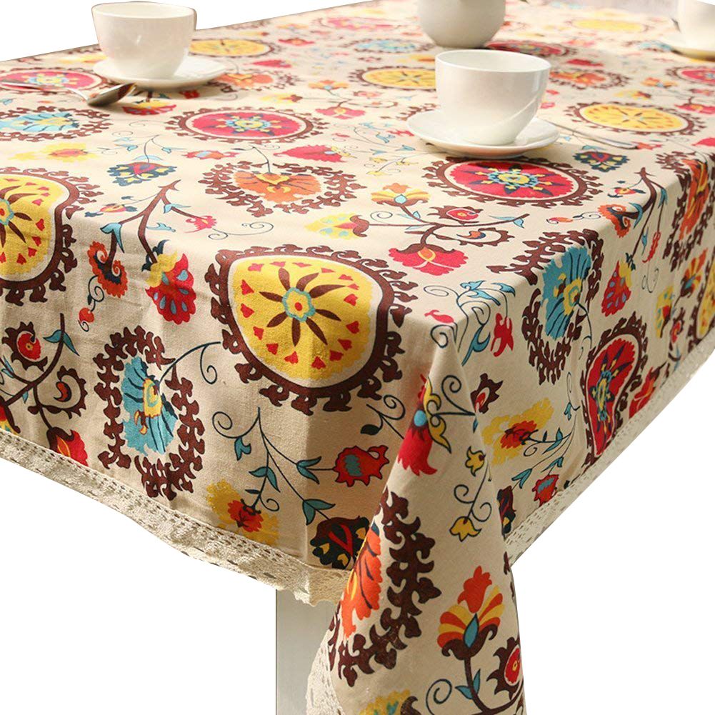 Retro Sunflower Pattern Lace Cotton Linen Fabric Tablecloth Table Cover Decor