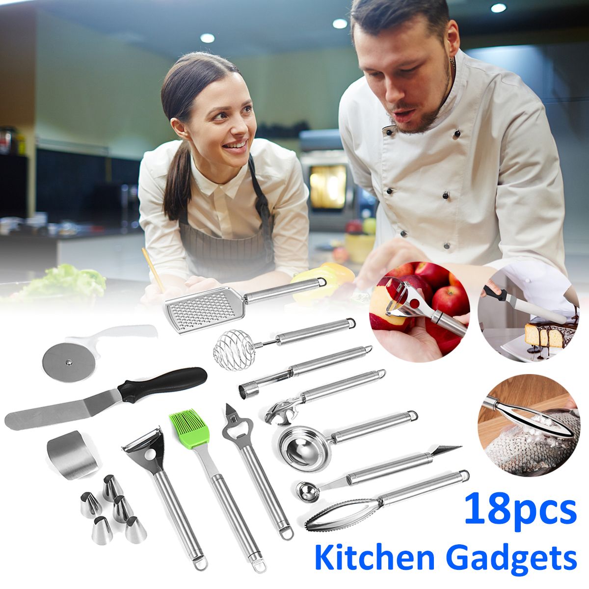 Functional 18pcs Kitchen Utensils Set Stainless Steel Non Stick Silica Gel Cooking Tools