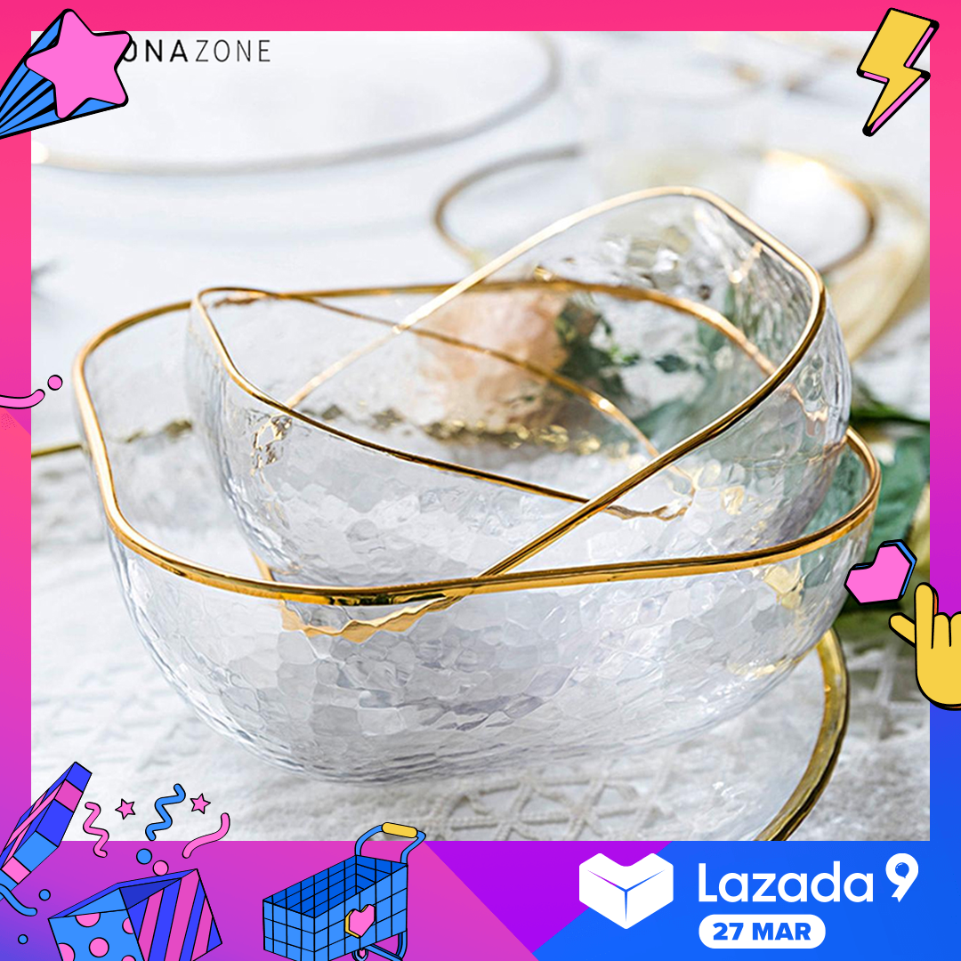 Ins Nordic Golden Edge Hammer Glass Bowl Dessert Bowl Rice Bowl Home Fruit and Vegetable Salad Bowl Breakfast Bowl 2 Styles 3 Sizes Decorative Retro Bowl
