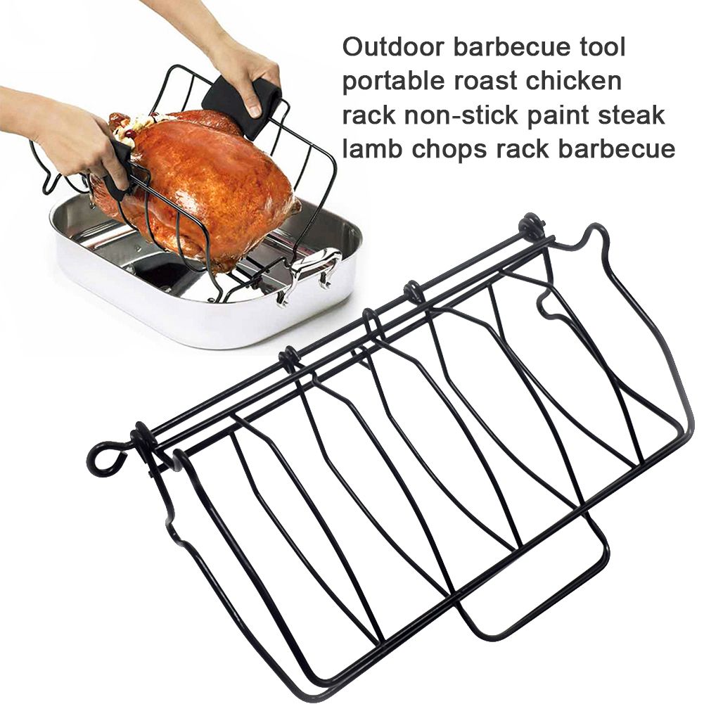 Metal Outdoor BBQ Grill Rack Foldable Rib Holder Non-stick Grilling Bracket Tool