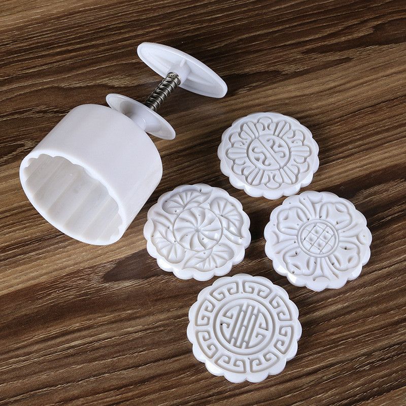 4 Stamps Flower Mooncake Moon Cake DIY Round Mold Baking Craft Tool Set
