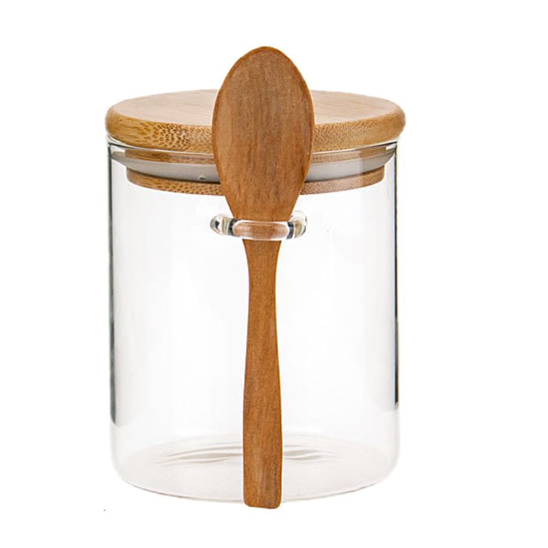 Durable Glass Food Airtight Canister Castor Wooden Twist Lid Kitchen Candy Storage Tank Jar Bamboo Food Container with Wooden Spoon