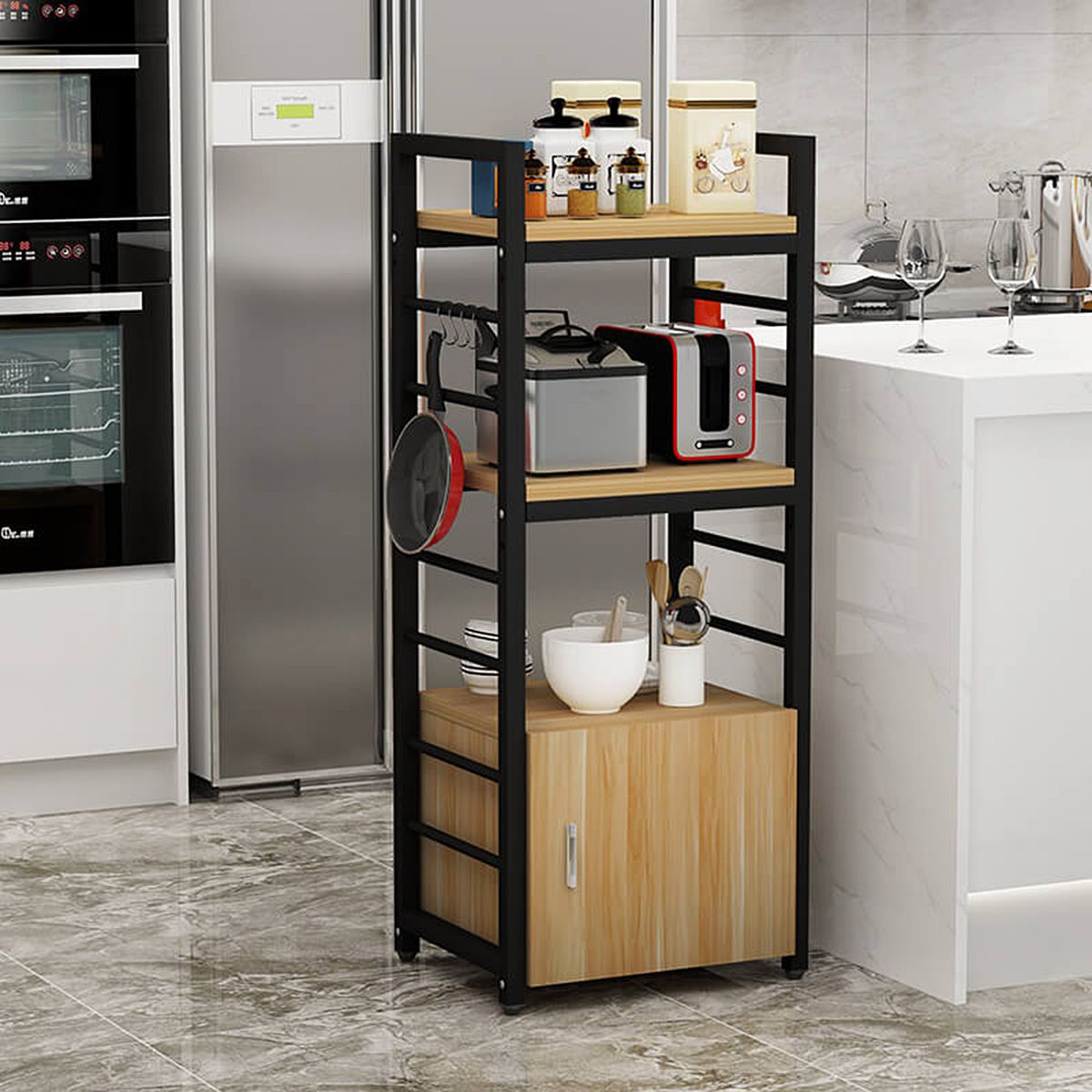 Kitchen Storage Shelf Organizer with Microwave Oven and Utility Holder