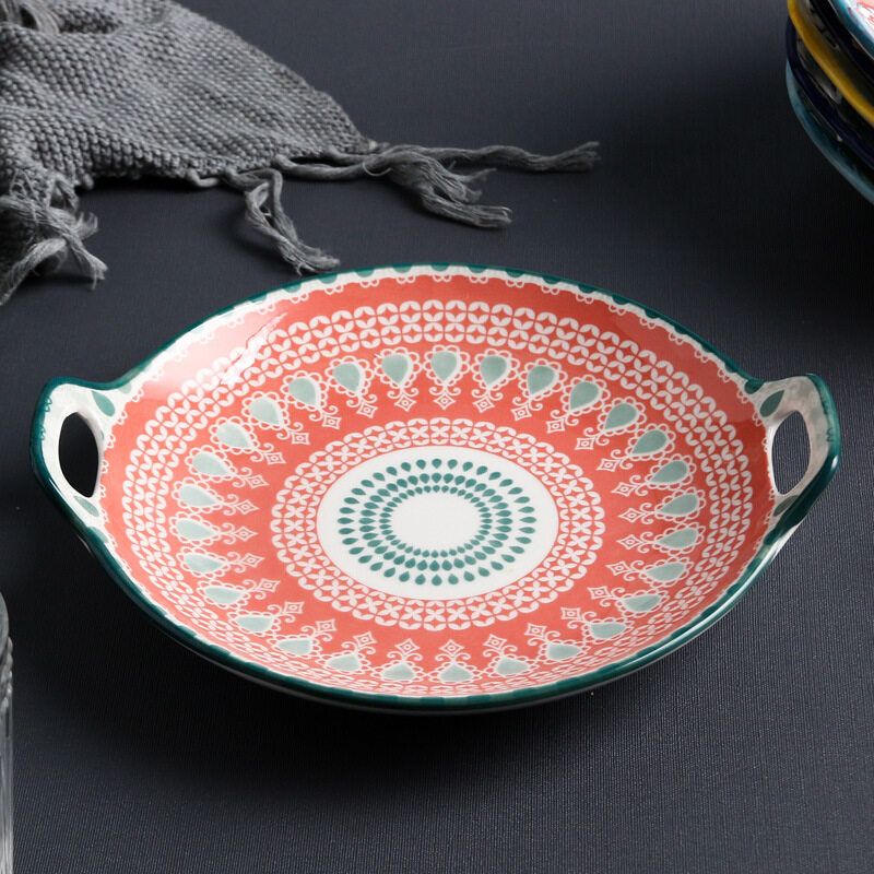 Panda Online 9.2 Inch Ceramic Plate With Double Non-Slip Hollow Ear Dinner Plate With Handle Baking Dish Oven