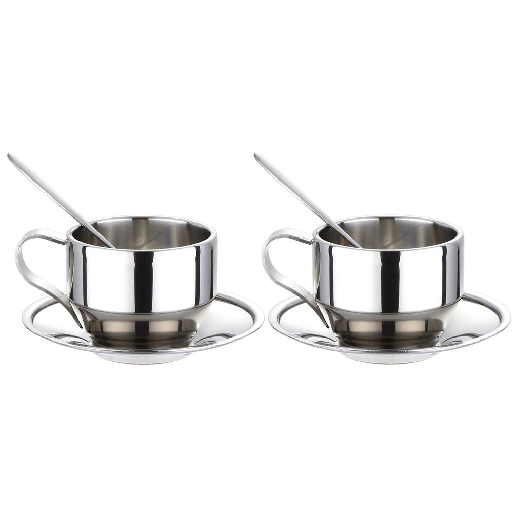 Insulated Coffee Cup Set - Stainless Steel Double Walled Espresso Cups Latte Cappuccino Tea Cup with Saucer and Spoon 125Ml (Set of 2) -  silver