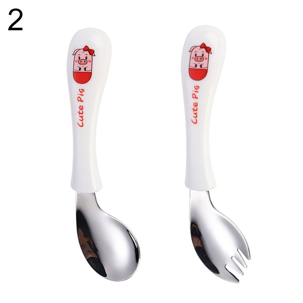 2Pcs Baby Kids Children Anti-Skid Handle Spoon Fork Tableware with Storage Box