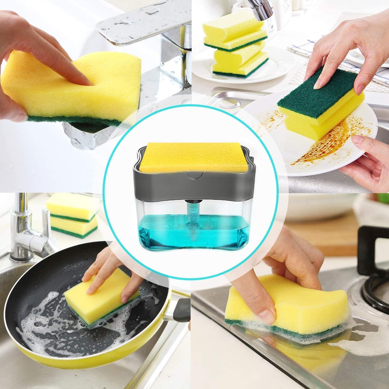 Hozada Soap Sponge Racks Soap Dispensers Detergent Dispensers 2 in 1 Kitchen Dish Washers Manual Press Soap Pump 380ML Foam Dispenser