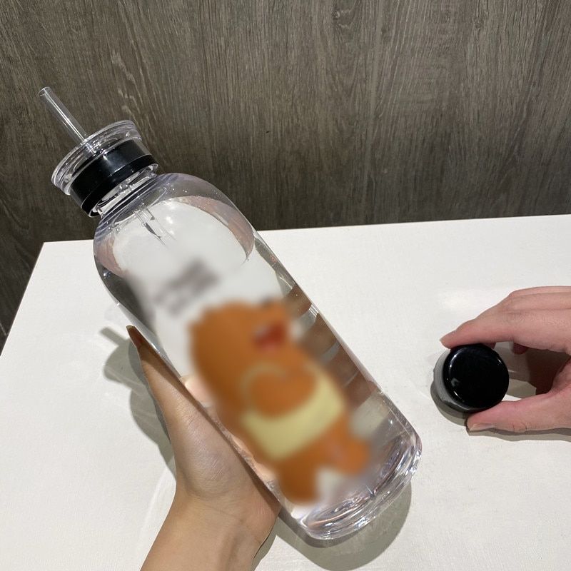 1000ml Straw Cup KONGFU Panda Water Bottle Transparent Cartoon Water Bottle Straw Cup Leak-proof Drinkware Frosted Cup