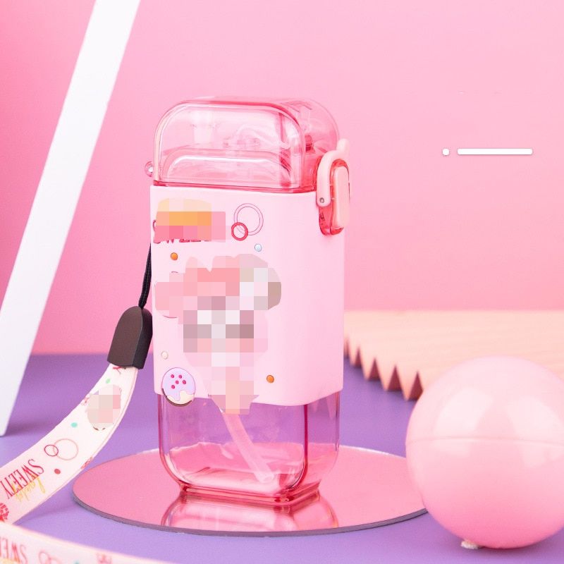 Cartoon Children Water Bottle 280ml with Rope Portable Square Kettle Sealed Leak-Proof BPA Free Tritan Baby Milk Cup With Straw