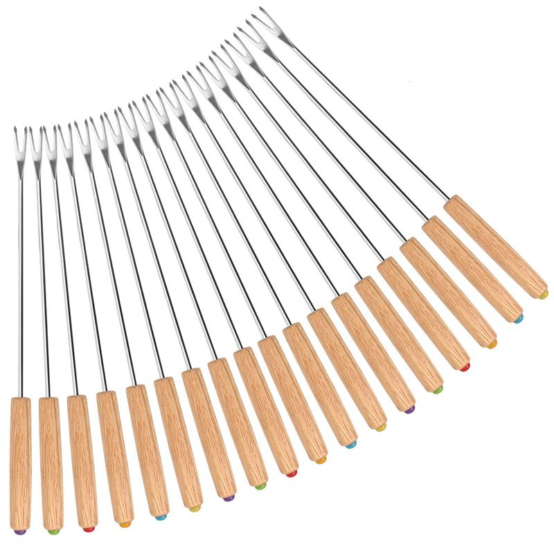 Durable Stainless Steel Color Coding Chocolate Fountain Cheese Fondue Forks with Oak Wood Handle Heat Resistant, Skewers Marshmallow Roasting Sticks, 9.5Inch