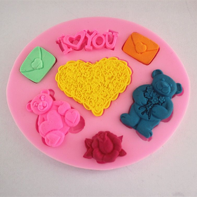 Valentine bear lover heart silicone fondant cake molds soap chocolate mould  FM024