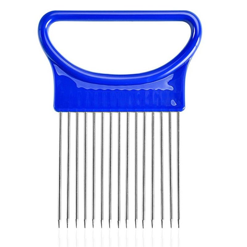Stainless Steel Onion Cutter Onion Fork Fruit Vegetables Cutter Slicer Tomato Cutter Knife Cutting Safe Aid Holder Kitchen Tools-Blue