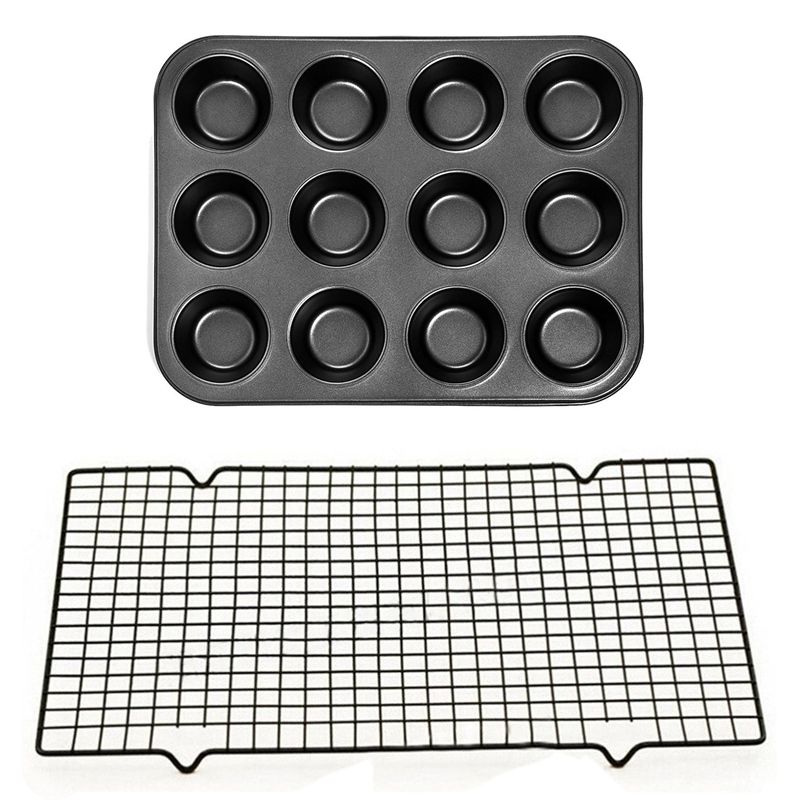 1 Pcs Carbon Steel Non-Stick Cooling Rack Cooling Grid Baking Tray for Cookie Bread Cake & 1 Pcs Heavy Duty Carbon Steel Cupcake Baking Tray,12 Mini Cup Cupcake Shaped Cake Pan