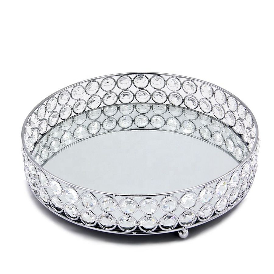 Silver Round Mirror Decorative Cosmetics Storage Box Tray, Wedding Home Decoration Rack - Silver