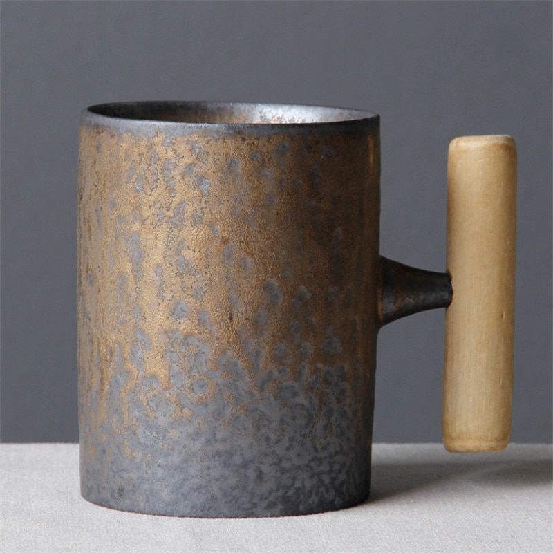 Jnese Style Ceramic Vintage Office Tea Water Cup Creative Chinese Retro Py Coffee Milk Mugs With Wooden Handle Drinkware