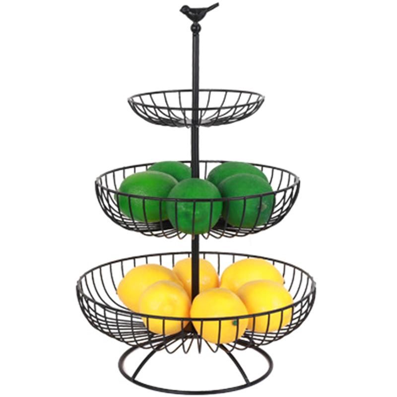 Household 3 Tier Fruit Plate Countertop Metal Fruit Basket Black Vintage Style Tray Stand Storage Basket