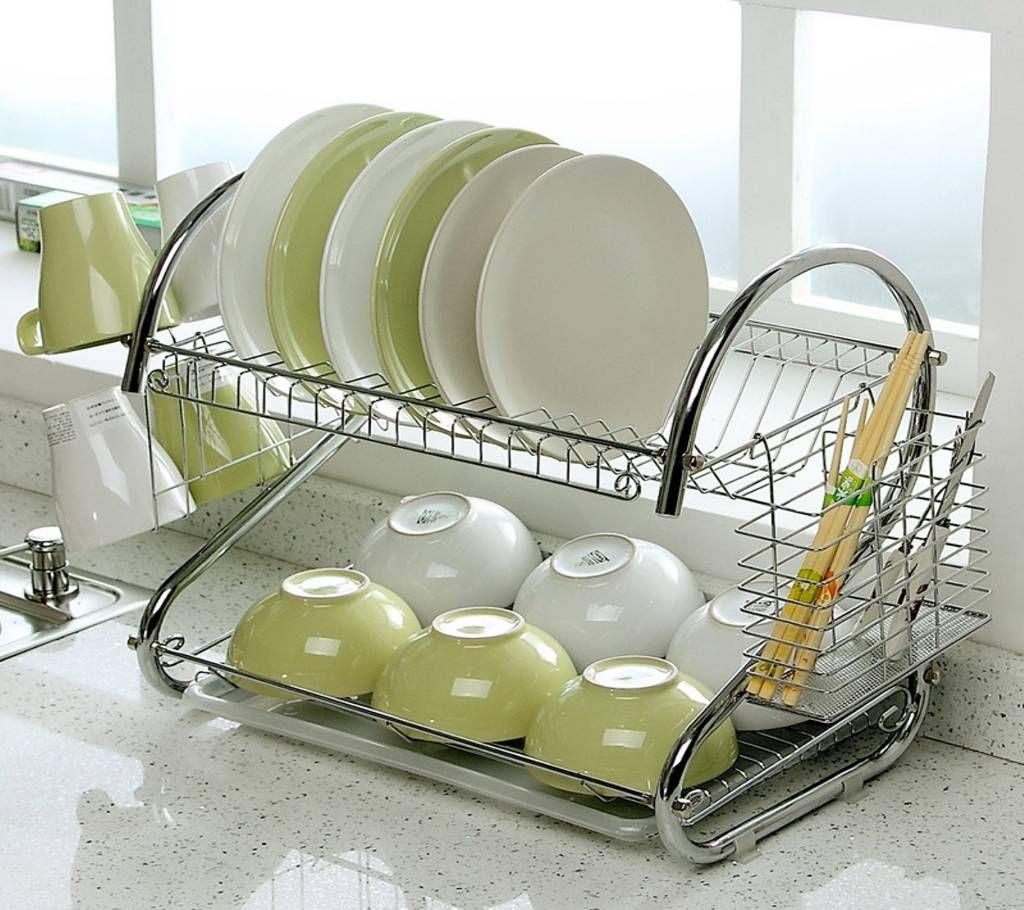 2-Tier Dish Rack Set Chrome Stainless Plate Dish Cutlery Cup Rack With Tray Steel Drain Bowl Rack Kitchen Shelf