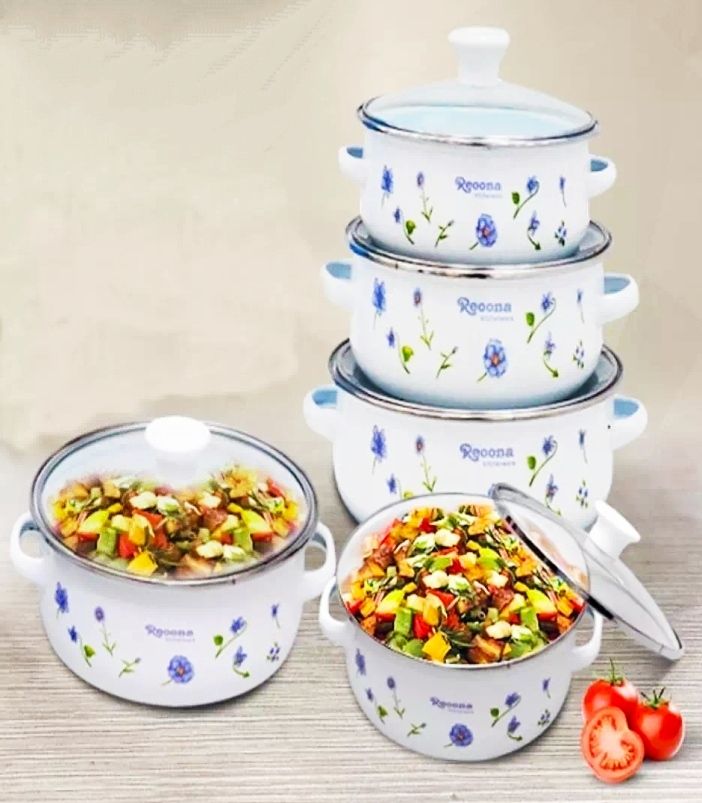5 piecea Enamel Bowl Set with glass Lid.