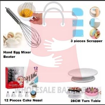 Turn Table , Egg Bitter silver , 3pcs Scrapper & 12 Piece Cake Decorating Nozel Set COMBO 4 Decorating Turntable and Cake Stand Rotates 360 Degrees Easy to Clean Material: Plastic Package Contents: 1-Piece Decorating Stand (28cm) Product details of Stainl