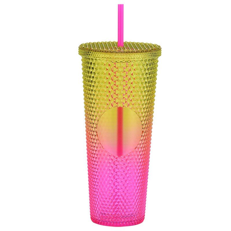 710ml  Coffee Cup Cold Water Mug Tumbler Cup With Straw Double Layer Plastic Durian cup with no logo Radiant Goddess Cups