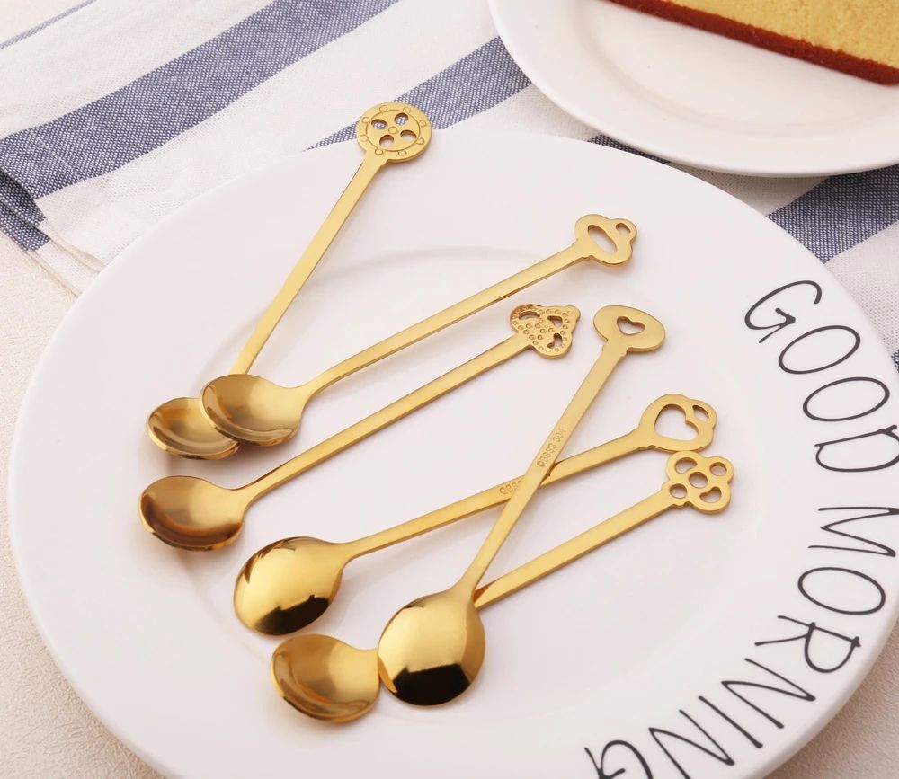 Cherry Blossoms Stainless Steel Tea Coffee Gold Spoon Teaspoons Ice Cream Sugar Flatware Gold Kitchen