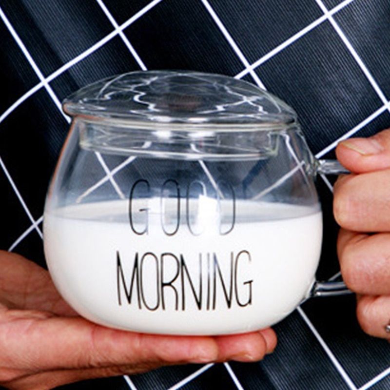 Transparent Glass Coffee Tea Beverage Dessert Breakfast Milk Cup Glass Mug Handle With Cup Lid Drinking Utensils Letter Printing