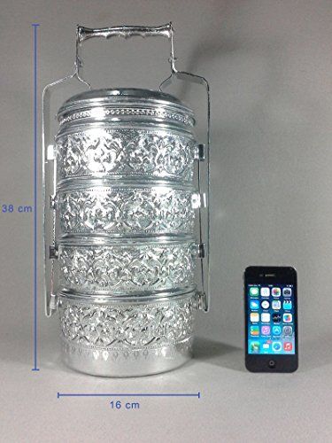 Thai Aluminium Thai Style Pattern Tiffin Box 5 layer Food Monk Carrier Lunch Box (16 cm x 38 cm)