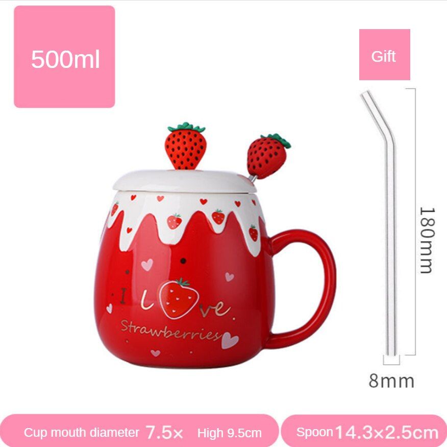 Japanese Lovely Ceramic Cup Girl Heart Spoon Mug Strawberry Large Capacity Creative Home Breakfast Oatmeal Cup Milk Coffee Mug